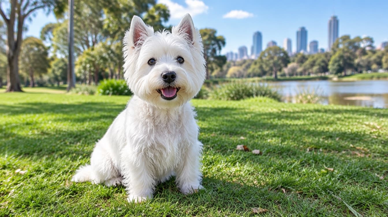 A small bright white West Highland White Terrier standing alert on golden grass in a sunny Perth park, representing the Westies and Westie crosses occasionally available for adoption across Perth and Western Australia rescues