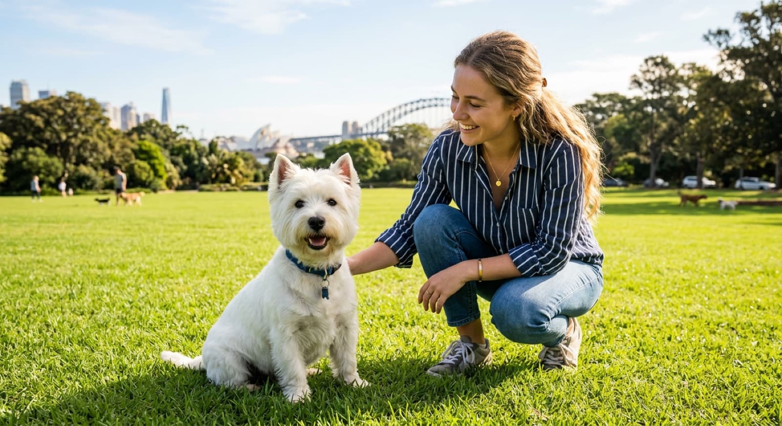 A pure white West Highland White Terrier with pricked ears and a bright, confident expression standing alert on the grass in a sunny Sydney park, representing the small working terrier purebred that turns up for adoption across Sydney and NSW rescues