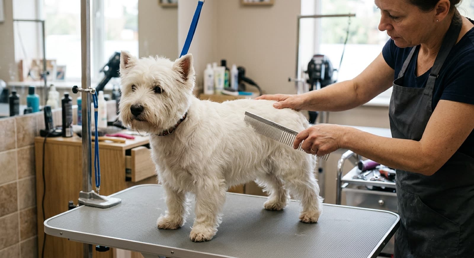 A West Highland White Terrier being groomed and brushed, showing its harsh bright-white double coat and the skin care that goes with an allergy-prone terrier