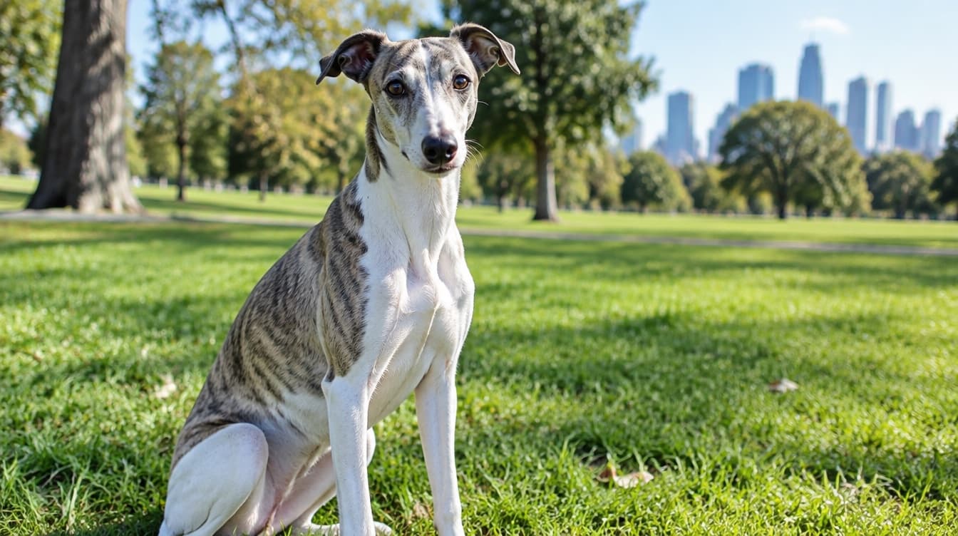A slender fawn Whippet sitting on the grass in an Adelaide park, representing the rescue Whippets available for adoption across South Australia