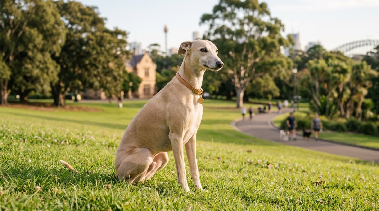 A sleek, slim fawn Whippet with a narrow head and long legs standing calmly on grass in a fenced Sydney park, representing the gentle sighthounds occasionally available for adoption across Sydney and NSW rescues