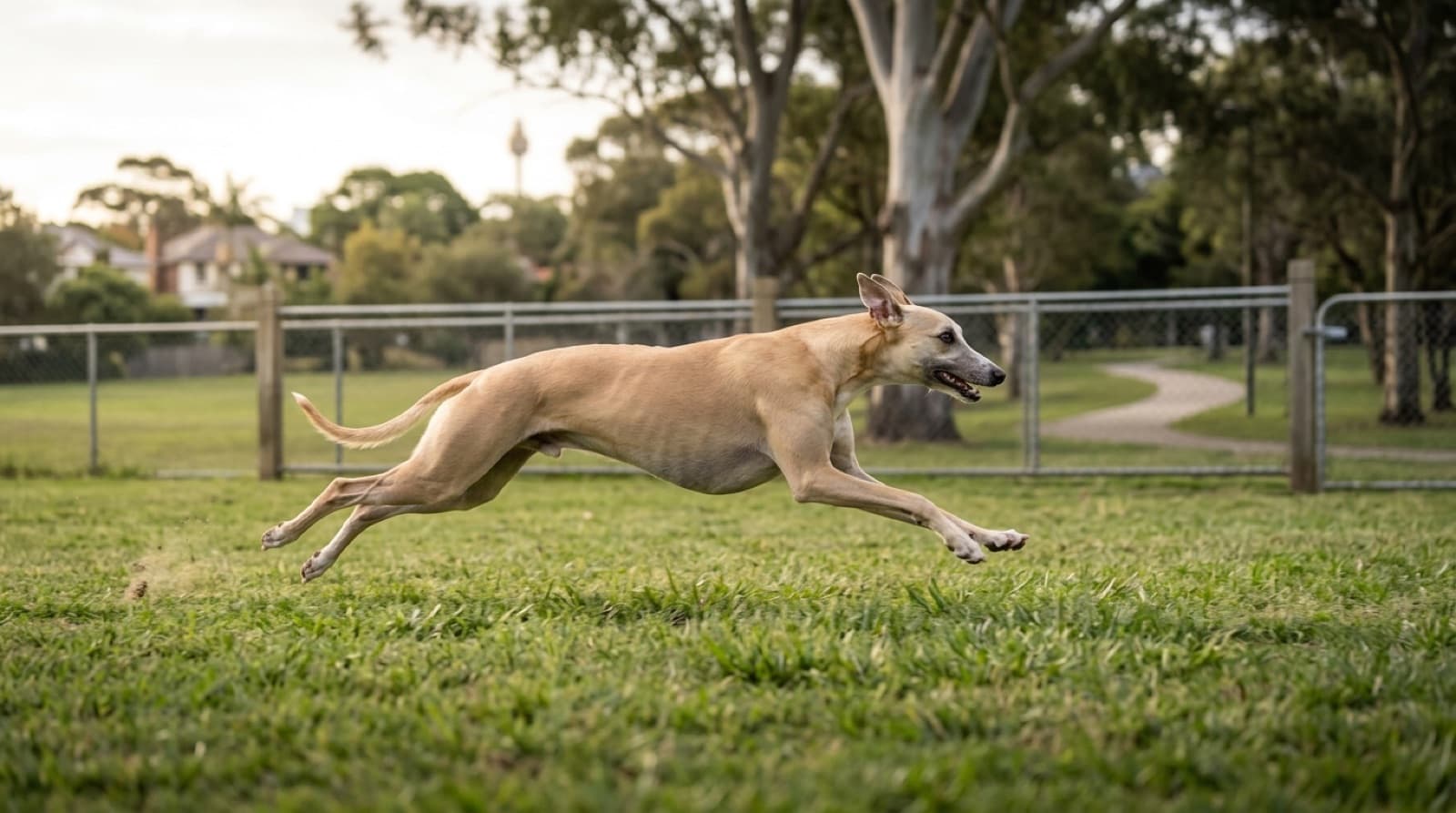 A slender fawn Whippet running at full stretch across the grass inside a securely fenced Sydney dog park in the cool morning light, showing the explosive sprinting speed of a sighthound