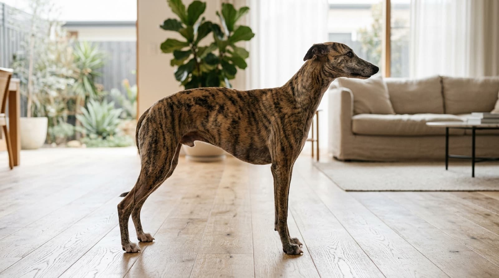 A lean, healthy fawn Whippet standing on grass in a sunny Sydney park, one of the soundest pedigree breeds with few inherited health problems