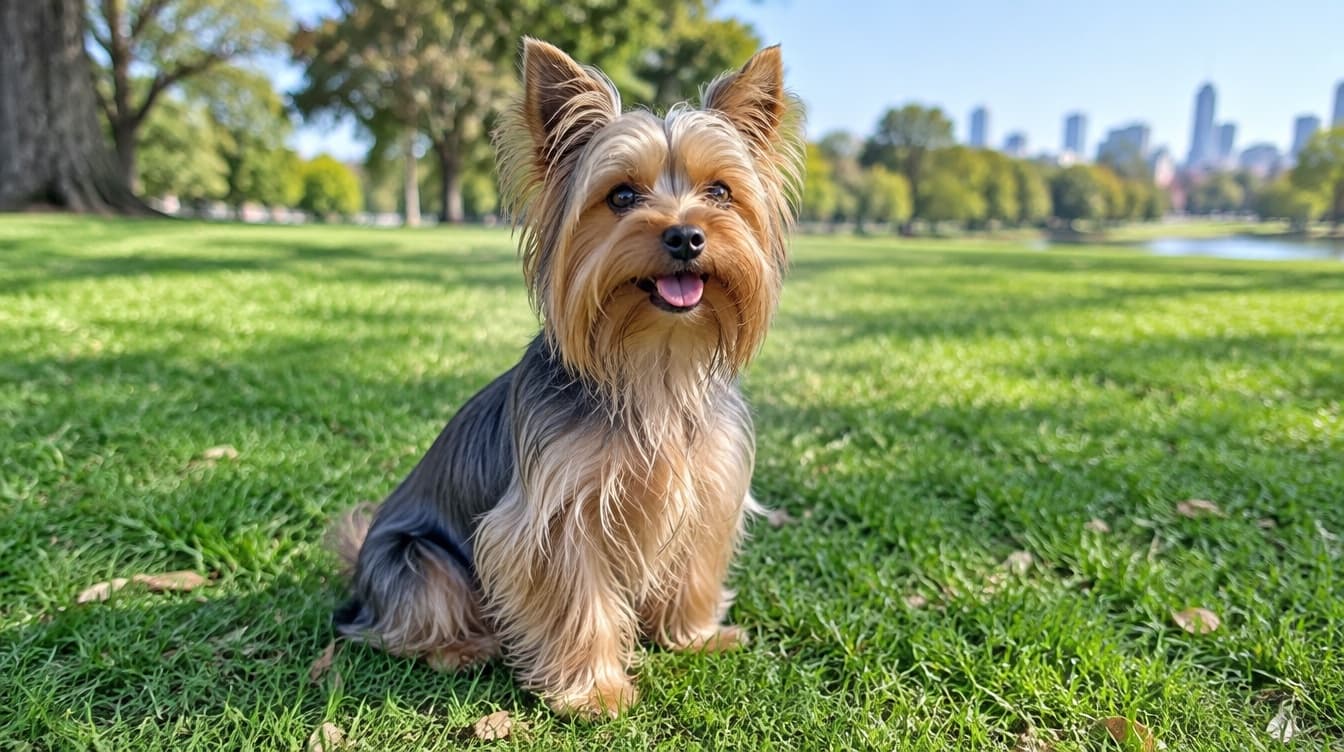 A small Yorkshire Terrier with a long silky blue and tan coat sitting on grass in a sunny Gold Coast park, representing the bold toy terriers available for adoption across the Gold Coast and Queensland rescues