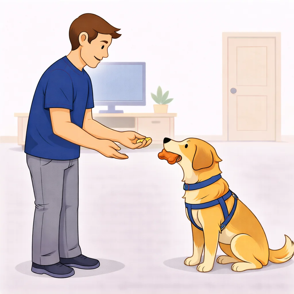 Person offering treat to dog in exchange for dropping toy from mouth